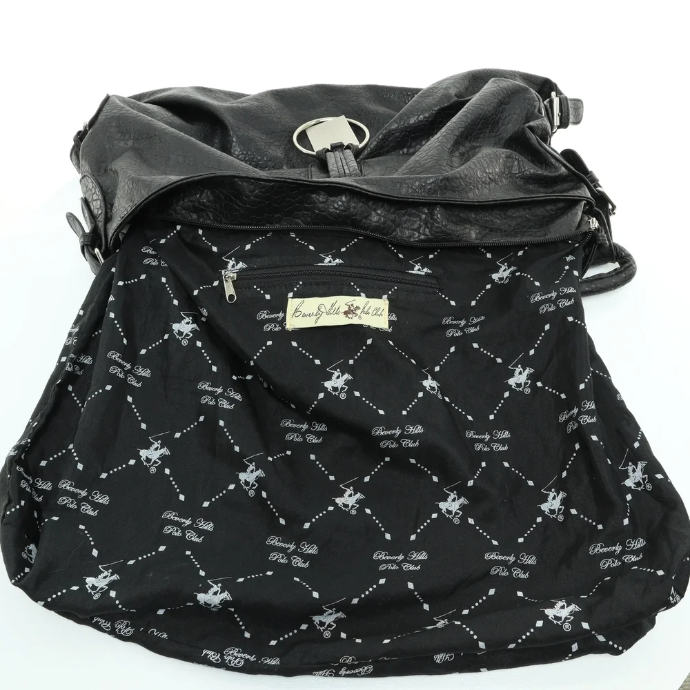 Beverly Hills Polo Club Shoulder Purse Faux Leather Hobo Bag17x13x4 Black/Silver